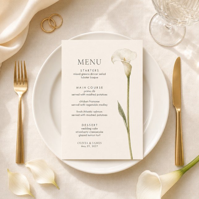 Modern White Calla Lily Minimalist Wedding Menu (Modern White Calla Lily Minimalist Wedding Menu)