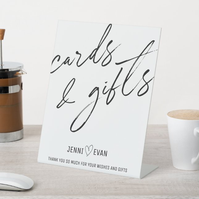 Modern White Calligraphic Cards and Gifts Wedding Pedestal Sign (In SItu)