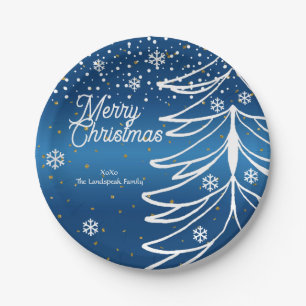 Modern White Christmas Tree & Snowflakes Paper Plate