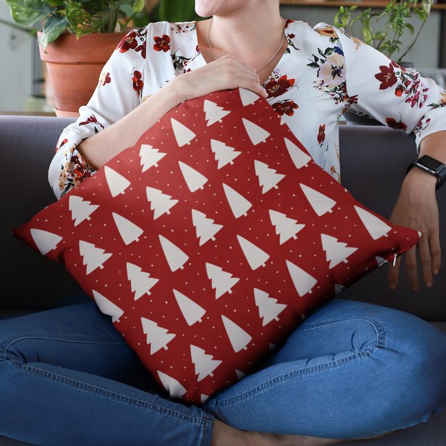 Modern White Christmas Trees festive red holidays Throw Pillow (Creator Uploaded)