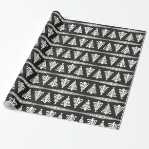 Modern White Christmas Trees Pattern On Black Wrapping Paper