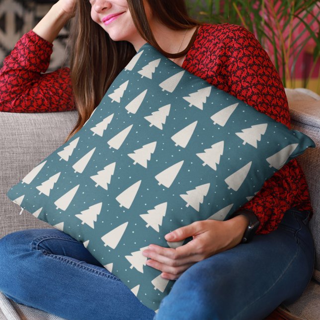 Modern White Christmas Trees teal holidays Throw Pillow (Creator Uploaded)