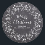 Modern White Christmas Wreath Black Chalkboard Classic Round Sticker<br><div class="desc">This black and white Christmas sticker takes the traditional chalkboard style and adds a modern touch. The Christmas wreath is drawn in the popular open style. Merry Christmas is also written in a contemporary font. Your name is below. Easy-to-use template. All of the text can be quickly changed.</div>