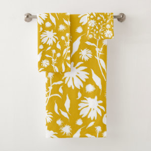 Modern White Cone Flowers on Mustard Yellow Bath Towel Set