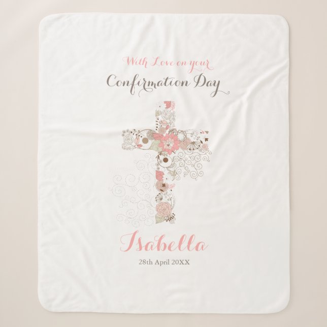 Modern white confirmation floral cross name sherpa blanket (Front)