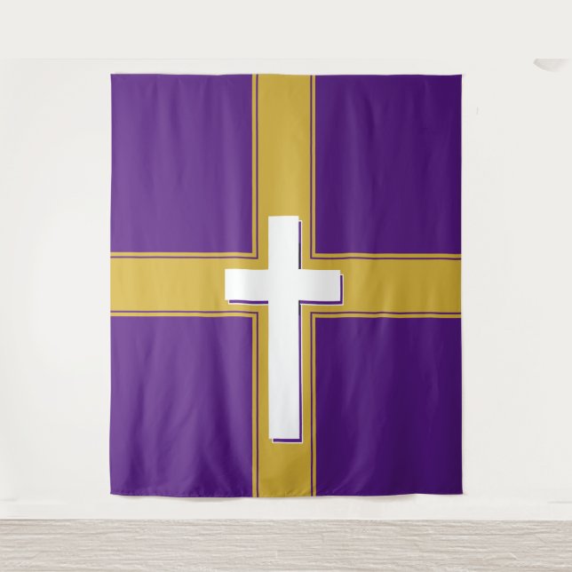 Modern | White Cross on | Gold and | Purple Tapestry (Front)