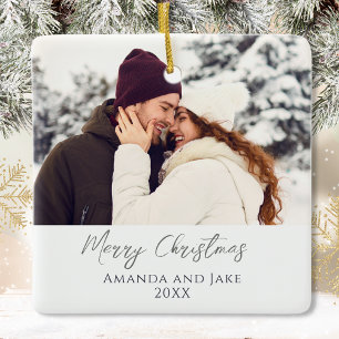Modern White Custom Merry Christmas Photo Ceramic Ornament