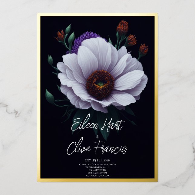 Modern White Daisy Dark Winter Gold Border Wedding (Front)