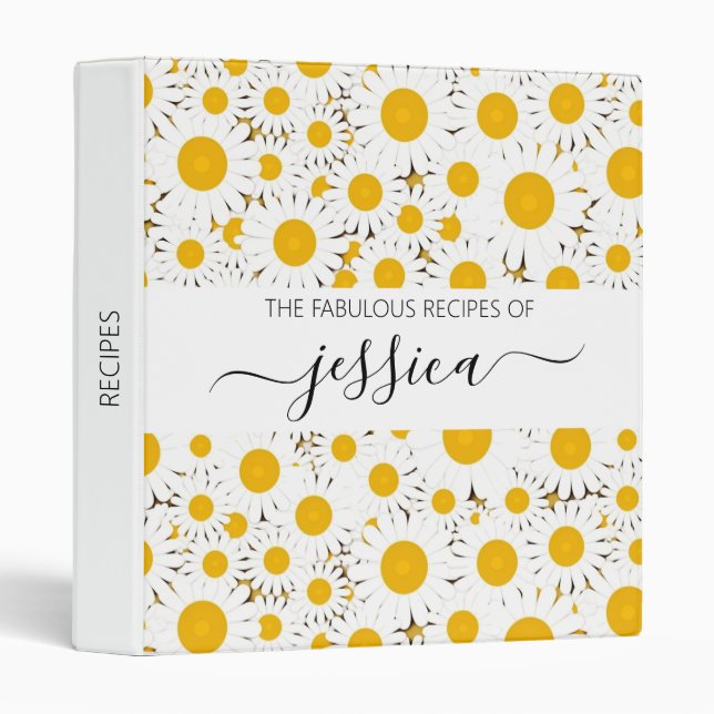 Modern white daisy pattern script name Recipe Binder (Front/Spine)