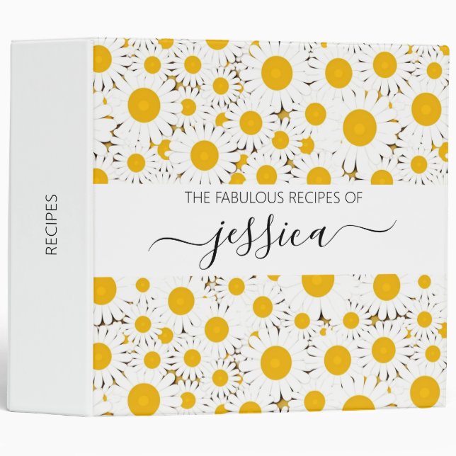 Modern white daisy pattern script name Recipe Binder (Front/Spine)