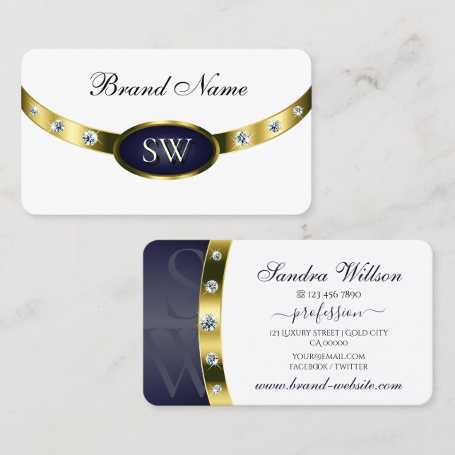 Modern White Dark Blue and Gold with Monogram Business Card (Front/Back)
