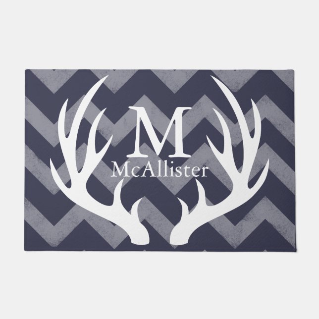 Modern White Deer Antlers Chevrons Personalized Doormat (Front)