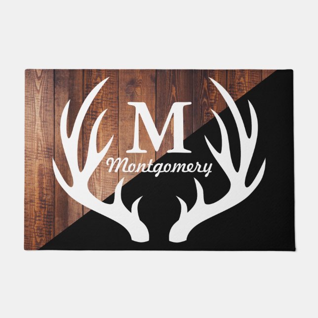 Modern White Deer Antlers Wood Planks & Black Doormat (Front)