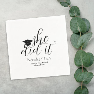 Modern White Elegant Fonts Graduation Napkins