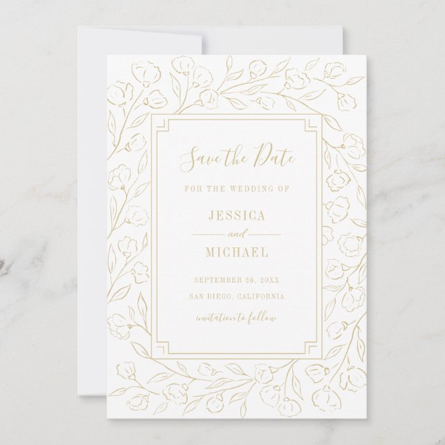 Modern White Elegant Simple Floral Wedding Save The Date (Front)