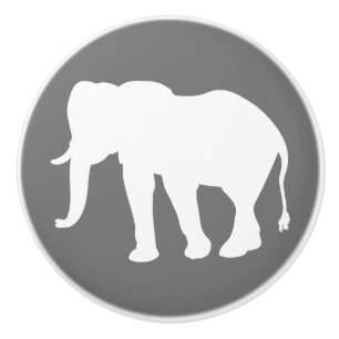 Modern White Elephant Silhouette & Grey Ceramic Knob