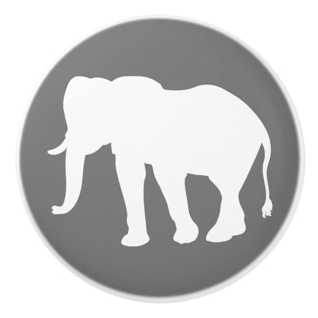 Modern White Elephant Silhouette & Grey Ceramic Knob (Front)