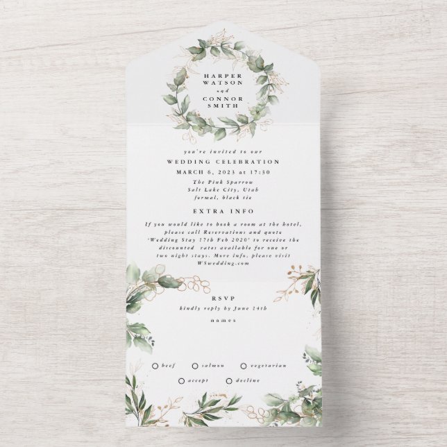 Modern White Eucalyptus Wreath Wedding All In One Invitation (Inside)