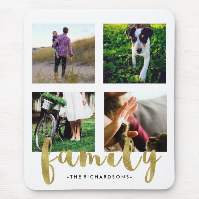 Modern White Family Photo Grid with Faux Gold Foil Mouse Pad (Front)