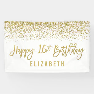 Modern White Faux Gold Glitter 16th Birthday Banner