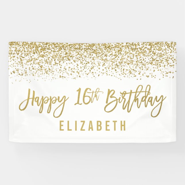 Modern White Faux Gold Glitter 16th Birthday Banner (Horizontal)