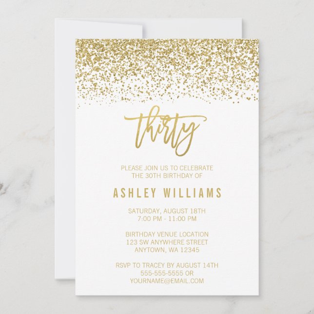 Modern White Faux Gold Glitter 30th Birthday Invitation (Front)