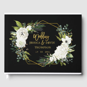 Modern White Floral Black Gold Frame Wedding Guest Book