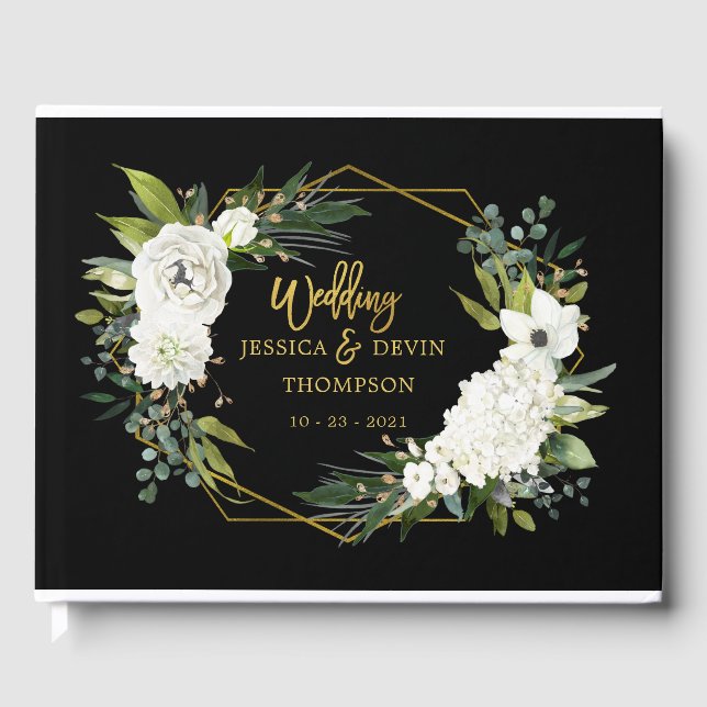 Modern White Floral Black Gold Frame Wedding Guest Guest Book (Front)