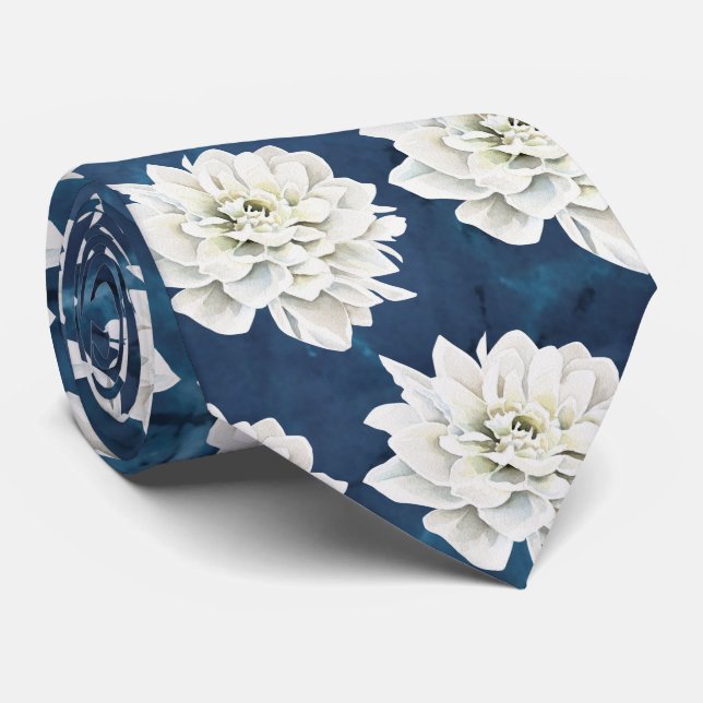 Modern White Floral Blue Neck Tie (Rolled)