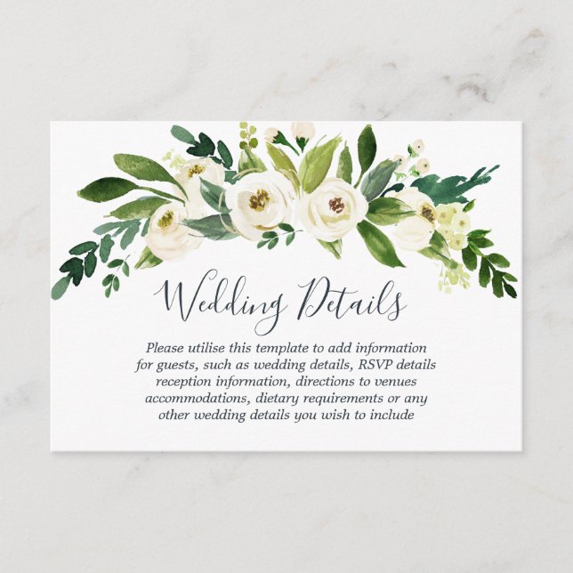 Modern White Floral Botanical Wedding Details Enclosure Card (Front)