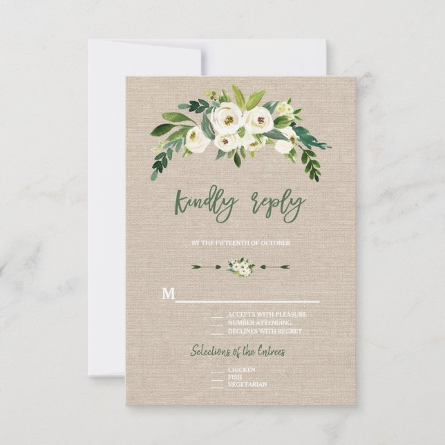 Modern White Floral Burlap Handwriting RSVP Card (Front)