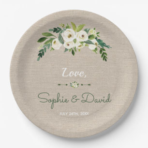 Modern White Floral Burlap Handwriting Wedding Paper Plate