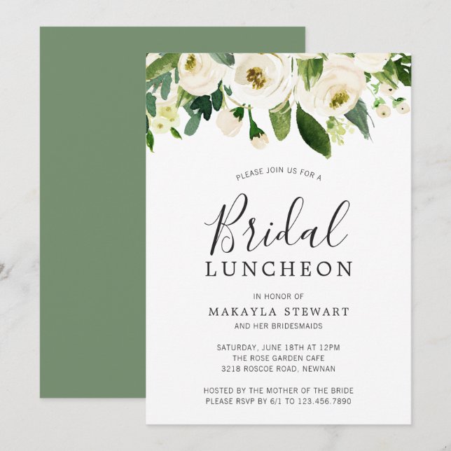 Modern White Floral Elegant Bridal Luncheon Invitation (Front/Back)