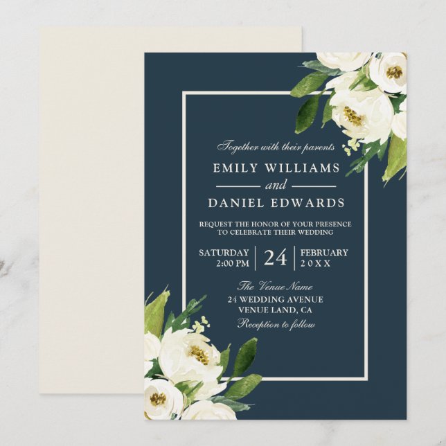 Modern White Floral Elegant Greenery Wedding Invitation (Front/Back)