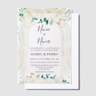 Modern White Floral Garden Spanish Gender Reveal Vellum Invitations