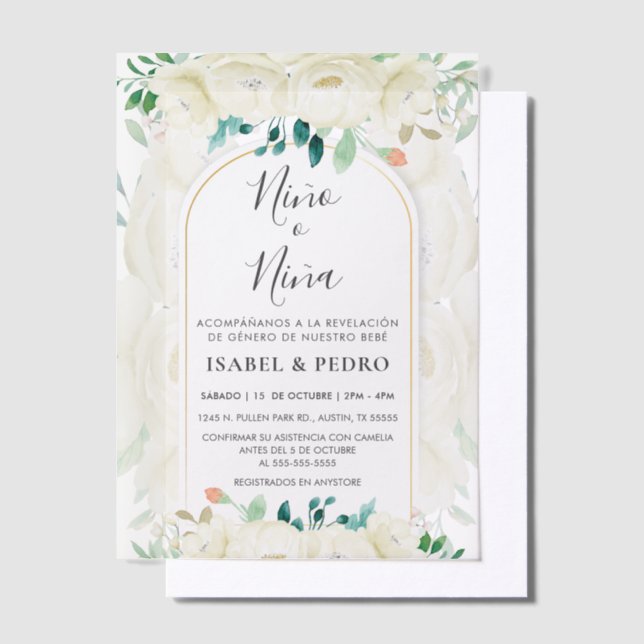 Modern White Floral Garden Spanish Gender Reveal Vellum Invitations (Offset)
