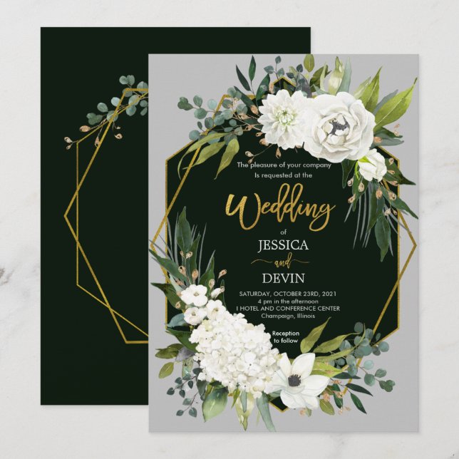 Modern White Floral Gold Grey Wedding Invitation (Front/Back)