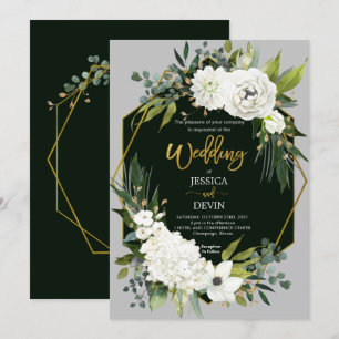 Modern White Floral Gold Grey Wedding Invitation