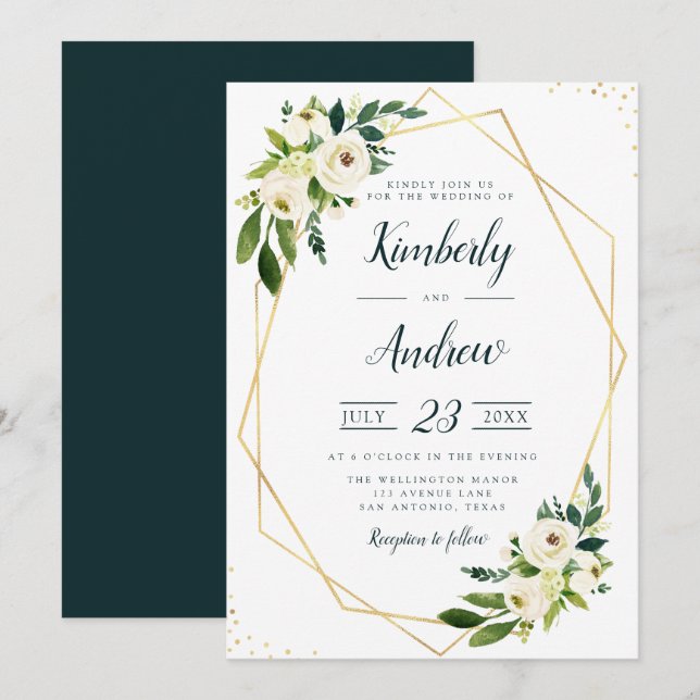 modern white floral green & gold geometric wedding invitation (Front/Back)
