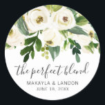 Modern White Floral Greenery Elegant Wedding Classic Round Sticker<br><div class="desc">Floral wedding favour stickers with a top border featuring hand painted watercolor white roses and greenery with the message, "The Perfect Blend" in a lovely handwritten script and your names and date below. These elegant stickers are perfect for a garden wedding in the summer and are a great way to...</div>