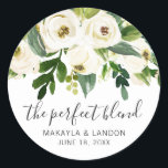 Modern White Floral Greenery Elegant Wedding Classic Round Sticker<br><div class="desc">Floral wedding favour stickers with a top border featuring hand painted watercolor white roses and greenery with the message, "The Perfect Blend" in a lovely handwritten script and your names and date below. These elegant stickers are perfect for a garden wedding in the summer and are a great way to...</div>