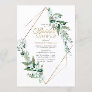 Modern White Floral Greenery Gold Bridal Shower Invitation