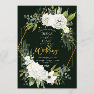 Modern White Floral Greenery Gold Frame Wedding Invitation