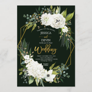 Modern White Floral Greenery Gold Frame Wedding Invitation