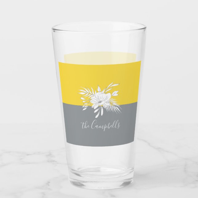 Modern White Floral on Colorblock Personalized Glass (Front)