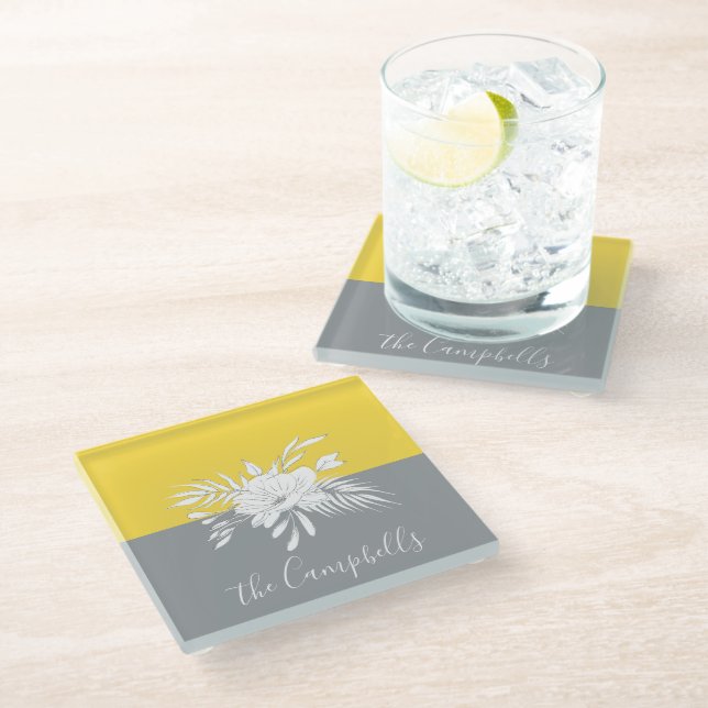 Modern White Floral on Colorblock Personalized Glass Coaster (Angled)