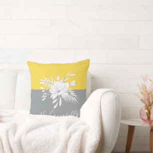 Modern White Floral on Colorblock Personalized Throw Pillow