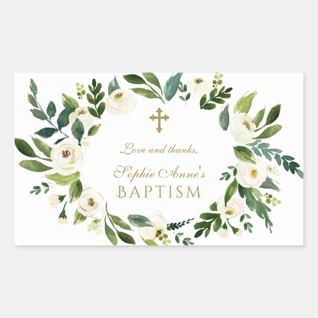 Modern White Floral Peonies Wreath Baptism Sticker (Front)