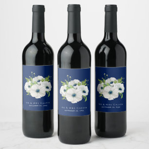 Modern White Floral Watercolor Navy Blue Wedding Wine Label