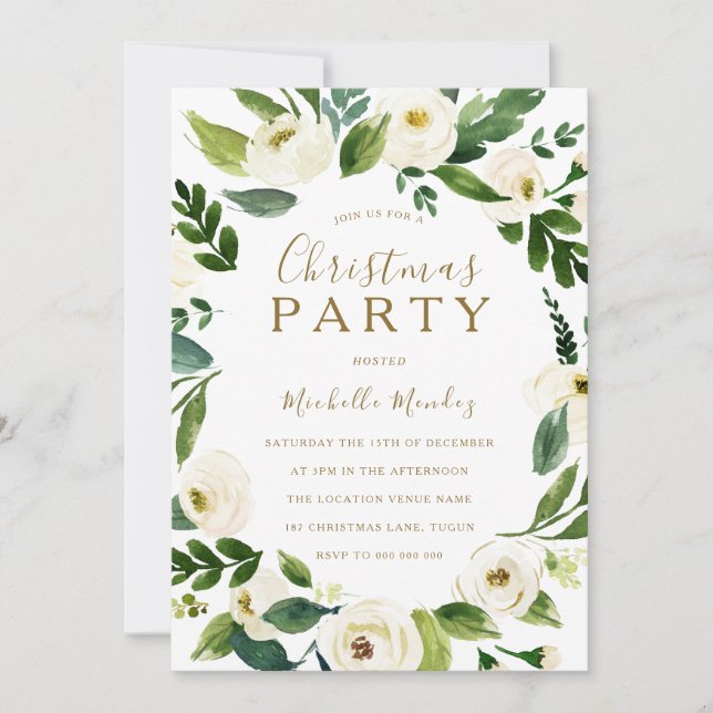 Modern White Floral Wreath Christmas Party Invitation (Front)